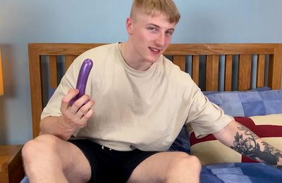 Straight Blond Pup Pumps his Tight Hole with the Big Pink Dildo & his Uncut Cock Cums!
